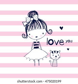 cute girl with cat on striped background, T-shirt graphics for girls vector illustration