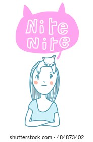 Cute girl with cat sleeping and resting on her head. vector illustration. Nite nite. Good night.