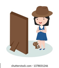Cute Girl and cat standing looking in mirror