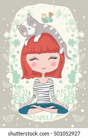 Cute Girl With Cat Vector Design.