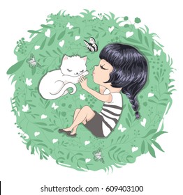 Cute girl with cat vector design. Children cartoon character.

