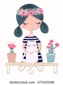 Cute girl with cat vector design.