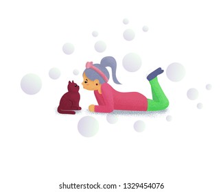 Cute girl and cat vector illustration