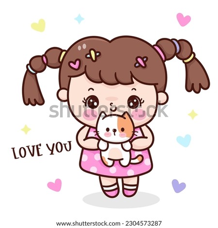 Cute girl and cat vector. Series: Kawaii animal baby kitten isolated on white background (Character cartoon) Holiday activities. Perfect make a wish for baby t shirt fairy tale book,celebration party.