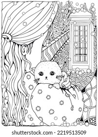 Cute girl with cat. Winter. Phonebooth door. Snowing. Adult Coloring book page. Firs. Christmas trees. Black and white. Black and white vector. For book 8.5 x 11 inches