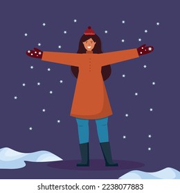 Cute girl catches snowflakes.Vector cartoon illustration in a flat style with a snowy background. For Card,poster,banner 