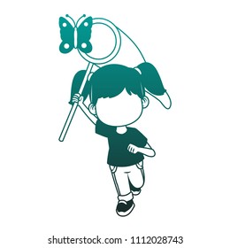 Cute girl catching butterflies blue lines