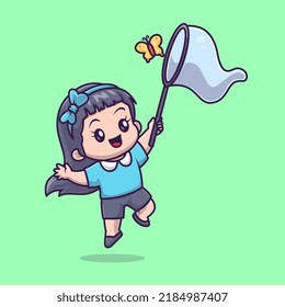 Cute Girl Catching Butterfly With Fishing Net Cartoon Vector Icon Illustration. People Animal Icon Concept Isolated Premium Vector. Flat Cartoon Style