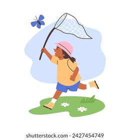 Cute girl catching butterfly with net. Vector cartoon illustration of happy child running on the lawn isolated on white. Kids summer camp, enjoy outdoor activities, adventure time