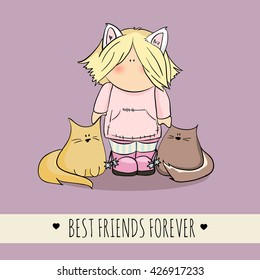 cute girl with cats doodle illustration. friendship day. violet background. congratulation card
