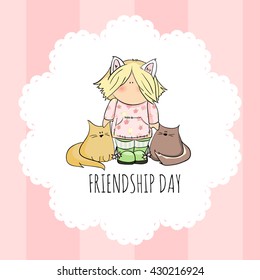 cute girl with cats doodle illustration. friendship day. pink background.