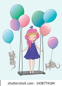 Cute girl and cats are flying with balloons