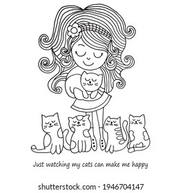 Cute girl with cats. Vector illustration.