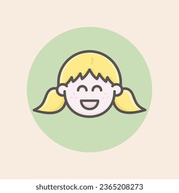 Cute girl caucasian face avatar with blonde hair and two tails, freckles, smiling open mouth, delighted mood and circular green background filled iconic vector line art