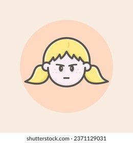 Cute girl caucasian face avatar with blonde hair and two tails, freckles, annoyed mood and circular orange background filled iconic vector line art