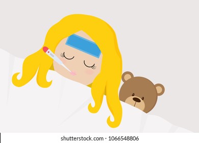Cute girl caught cold sleeping in bed with teddy bear