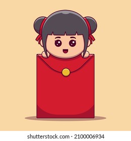 Cute Girl Celebrate Chinese New Year Holding Red Envelope