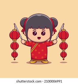 Cute Girl Celebrate Chinese New Year Holding Chinese Lantern