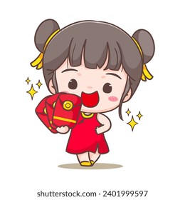 Cute girl celebrate Chinese new year cartoon vector illustration. Chinese year concept design. Adorable chibi hand drawn. Isolated white background. 