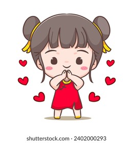 Cute girl celebrate Chinese new year cartoon vector illustration. Chinese year concept design. Adorable chibi hand drawn. Isolated white background. 