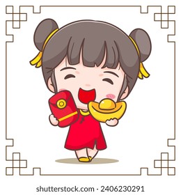 Cute girl celebrate Chinese new year cartoon vector illustration. Chinese year concept design. Adorable chibi hand drawn. Isolated white background. 