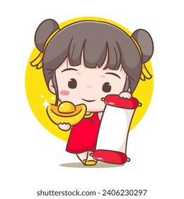 Cute girl celebrate Chinese new year cartoon vector illustration. Chinese year concept design. Adorable chibi hand drawn. Isolated white background. 