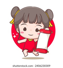 Cute girl celebrate Chinese new year cartoon vector illustration. Chinese year concept design. Adorable chibi hand drawn. Isolated white background. 