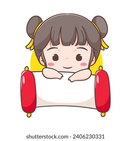 Cute girl celebrate Chinese new year cartoon vector illustration. Chinese year concept design. Adorable chibi hand drawn. Isolated white background. 