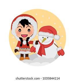 Cute Girl Celebrates Christmas with Snowman Vector Illustration.
