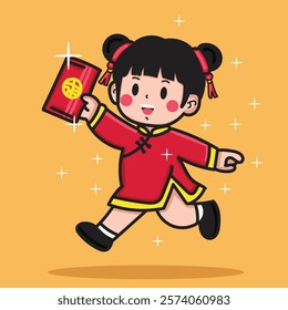 A cute girl celebrating Chinese New Year by getting an angpao for a sticker or design element