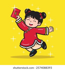 A cute girl celebrating Chinese New Year by getting an angpao for a sticker or design element