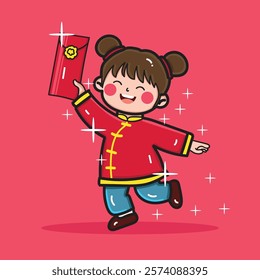 A cute girl celebrating Chinese New Year by getting an angpao for a sticker or design element