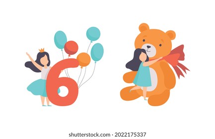 Cute Girl Celebrating her Sixth Birthday, Kid Hugging her Huge Teddy Bear Toy Cartoon Vector Illustration