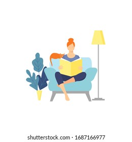 Cute girl in chair reading book . Young woman reads book, sitting on armchair cross-legged. Concept leisure and education.