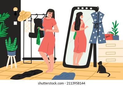 cute girl changing clothes in front of the mirror for self-expression. A woman picking up an image for an event, choosing her own personal authentic style identity.  Flat vector illustration.