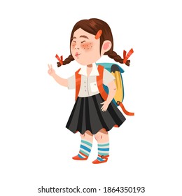 Cute Girl Character with Backpack Going to School Vector Illustration