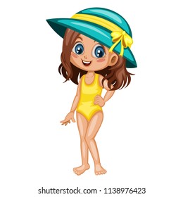 Cute Girl Character in the Beach  Isolated on White Background. Cartoon Vector Young Kid in a Summer Swim Suit and Hat