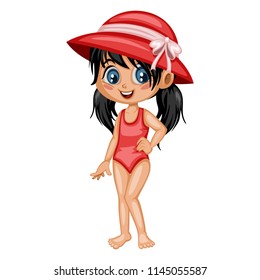 Cute Girl Character in the Beach  Isolated on White Background. Cartoon Vector Young Kid in a Summer Swim Suit and Hat