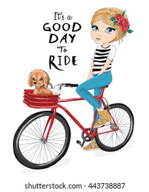 Cute girl character with bike vector.