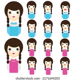 Cute girl character braiding hair for animation with facial expressions mouth animation