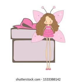 cute girl character with butterfly wings and gift box, vector