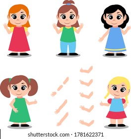 Cute girl character constructor for animation and custom illustrations. Character creation set with various views, face emotions, lip sync and poses.