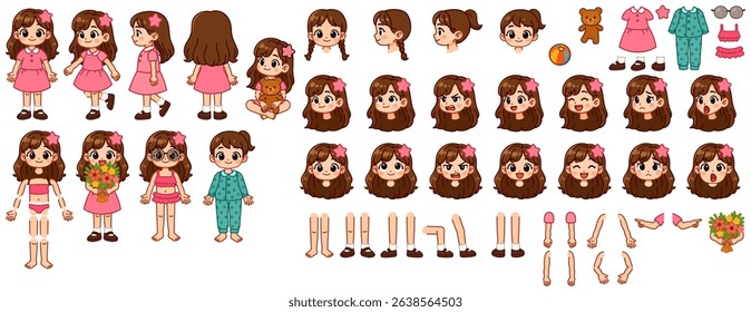 Cute Girl Character Creator Kit with Emotions, Poses, Clothes and Accessories – Vector Illustration