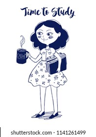 Cute girl character with a cup of coffee. Holds the books. Hand drawn Vector illustration. Time to study inscription. Back to school concept