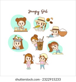 Cute girl character design eating collection illustrations set. 