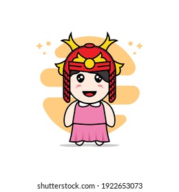 Cute girl character design wearing samurai helmet costume. Mascot design concept