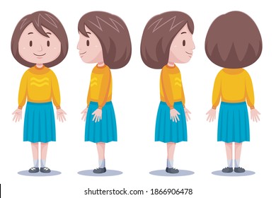 Cute girl character in different poses with vector illustration.