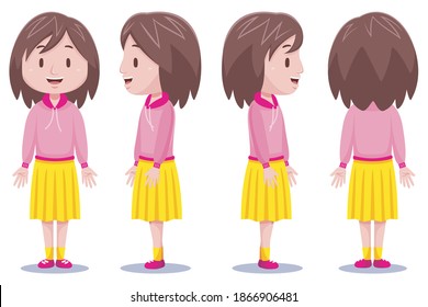 Cute girl character in different poses with vector illustration.