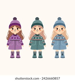 Cute girl character drawn in scandinavian style. This design, drawn as a set of three, is suitable for all kinds of printing areas. Sticker, textile, children's clothing etc.