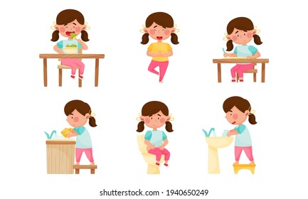 Cute Girl Character Eating Broccoli for Breakfast, Doing Yoga and Washing Dishes Vector Set